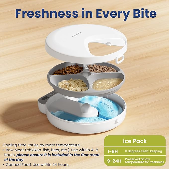 PawsPik Smart 4-Meal Automatic Pet Feeder – Programmable Timer for Wet & Dry Food, Cordless, with Ice Packs – Dog & Cat Feeder, White, 4-Cup Capacity