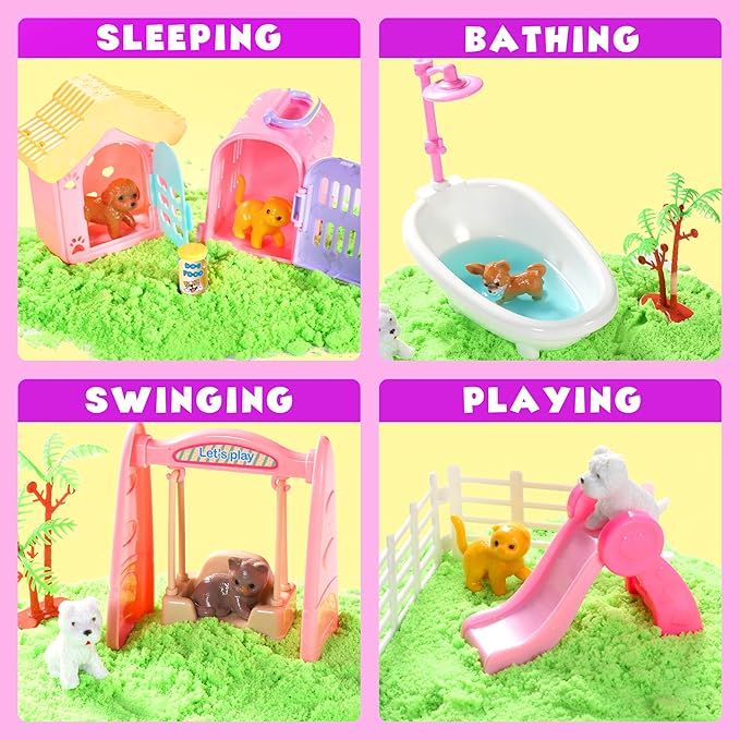 Pet Sensory bin,Dog and Cat Sandbox for Kids,Kids Play Sand Kit,Pet Play Set with Sensory Sand,Pet Care Play Set,Role Pretend Play Beach Toy Birthday Gift for Girls Boys 3 4 5 6 Years Old