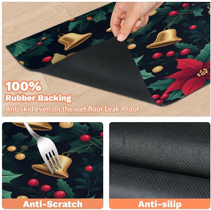 Red Poinsettia Dog Food Mat for Floors Absorbent, Quick Dry Water Dispenser Mat for Food, Water, Pet Supplies 16" x 24", Xmas Bell