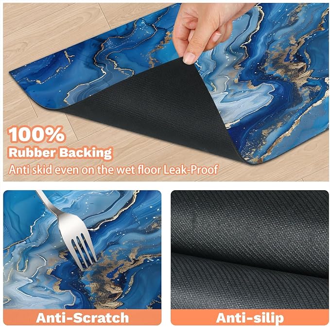 Blue Marble Dog Food Mat for Floors Absorbent, Quick Dry Water Dispenser Mat for Food, Water, Pet Supplies 16" x 24", Modern Abstract