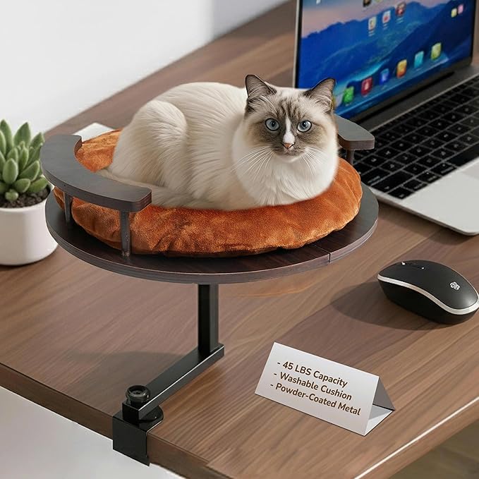 Up to 45LBS Cat Desk Bed - 360° Rotation & Adjustable Height, Pet Perch for Desks with Washable Cushion, Desk Cat Bed Attachment for Various Tables (Wood_Brown Cushion)