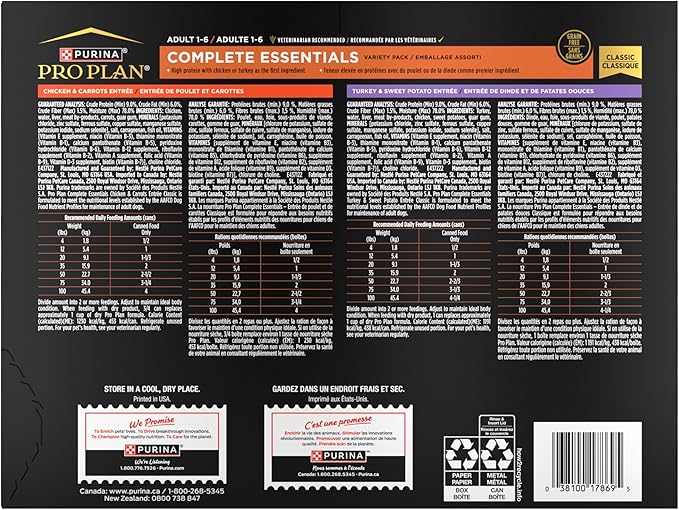 Purina Pro Plan Wet Dog Food Grain Free Complete Essentials Variety Pack,Chicken and Carrots and Turkey-and Sweet Potato Entrees - 13 oz. Cans,(Pack of 24)