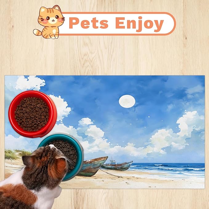 Seasides Sailboat Dog Food Mat for Floors Absorbent, Quick Dry Water Dispenser Mat for Food, Water, Pet Supplies 17" x 30", Ocean Beach