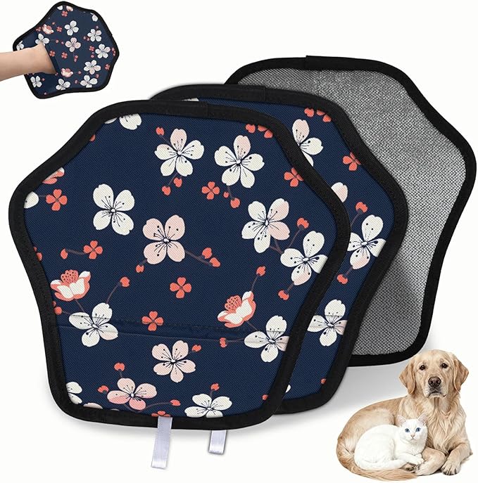 Flowers Printed Electrostatic Pet Hair Removal Glove for Cats & Dogs - Reusable Grooming Mitt for Couch, Carpet, Car Seat & Laundry - Large 9x9 Inch