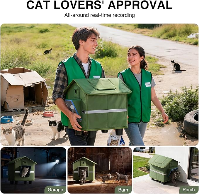 Heated Outdoor Cat House for Outside with Cat Toys and Roof Window Feral Stray Shelter Weatherproof in Garage Yard Porch (with Dual Camera Ports)
