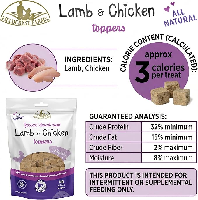 Fieldcrest Farms Lamb & Chicken Toppers – Freeze-Dried All-Natural Dog Food Topper or Treat, High Protein, Minimal Ingredients, Grain-Free, 12 oz.