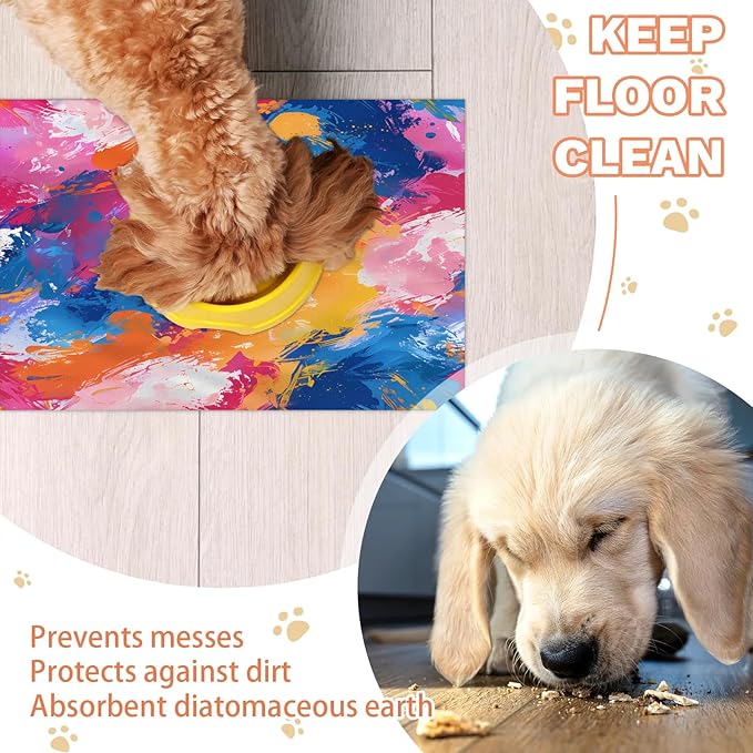 Colorful Graffiti Dog Food Mat for Floors Absorbent Dog Bowl Mat for Food and Water Dispenser Quick Dry Cat Food Placemat Pet Supplies 17" x 30", Watercolor Abstract