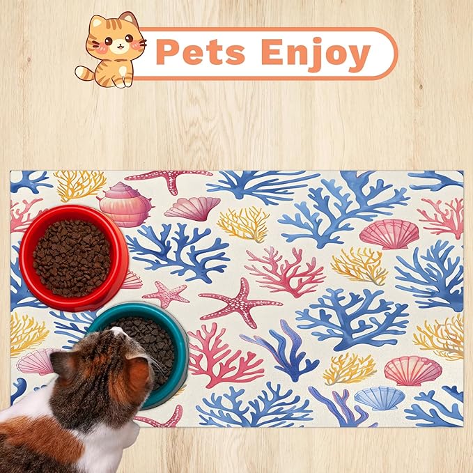 Nautical Beach Dog Food Mat for Floors Absorbent Dog Bowl Mat for Food and Water Dispenser Quick Dry Cat Food Placemat Pet Supplies 17" x 30", Watercolor Coral