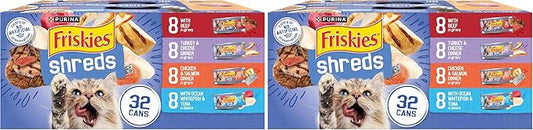 Friskies Purina Gravy Wet Cat Food Variety Pack,Savory Shreds with Beef,Turkey and Cheese Dinner,Chicken and Salmon Dinner,with Ocean Whitefish-and Tuna - 5.5 oz. Cans,(Pack of 64)