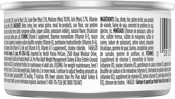 Purina Pro Plan Weight Control Pate Wet Cat Food,Specialized Weight Management Turkey & Rice Entree - 3 oz. Pull-Top Cans,(Pack of 48)