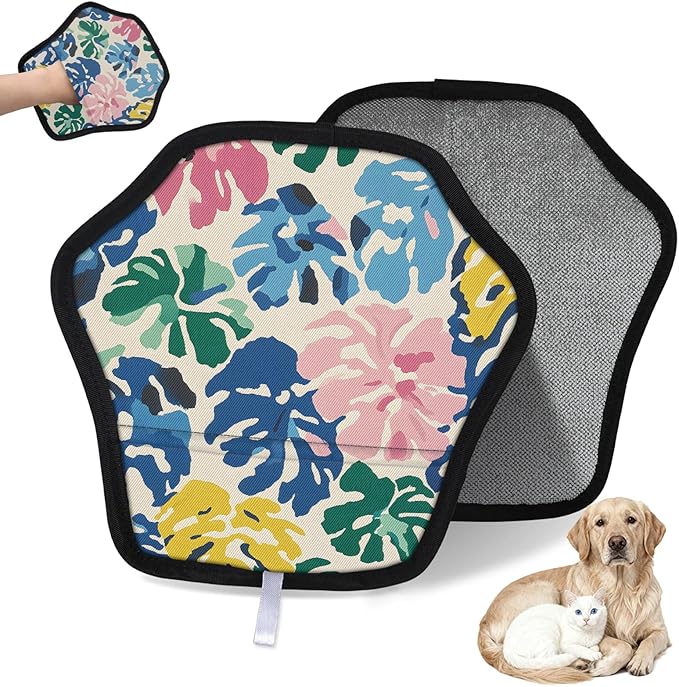 Reusable Pet Hair Removal Glove Abstract Palm Leaves Magic Brush for Cat & Dog Hair Remover for Car, Sofa, Bedding, Clothes - 9x9 Mitt Washable