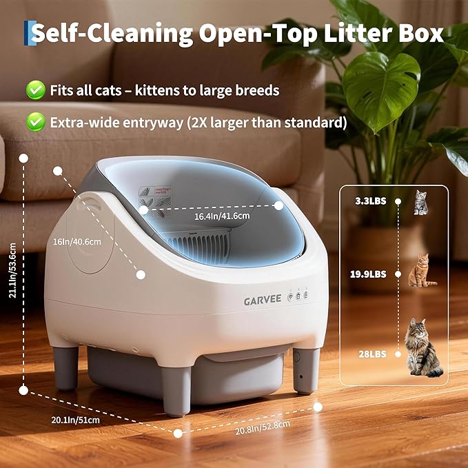 Self Cleaning Litter Box, Automatic Cat Litter Box with APP Control, Odor-Free Waste Disposal Includes Trash Bags, Large Waste Bin, Open-Top, for Multiple Cats, Light Grey