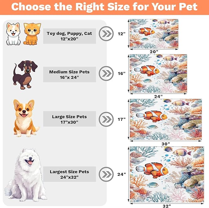Colorful Fish Dog Food Mat for Floors Absorbent Dog Bowl Mat for Food and Water Dispenser Quick Dry Cat Food Placemat Pet Supplies 24" x 32", Ocean Underwater World