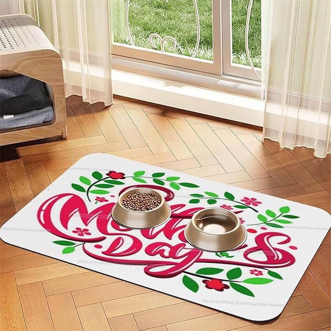 Pet Feeding Mat Absorbent Dog Mat for Food Water Bowl No Stains Quick Dry Water Dispenser Mats Happy Mother's Day Floral Gift Mom La Dog Accessories Pet Supplies Bowl for Messy Drinkers 18X12In