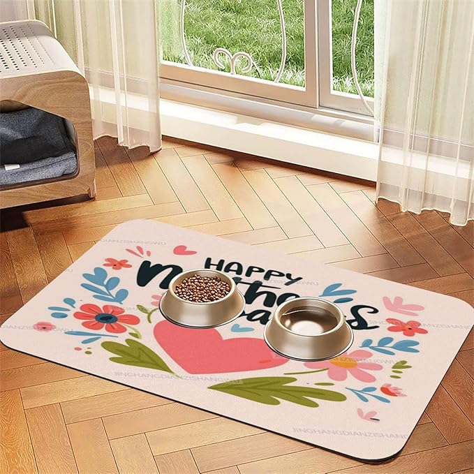 Pet Feeding Mats with Residue Collection Happy Mother's Day Floral Gift for Mom Fo Waterproof Dog Cat Bowl Mat 18X12In with Prevent Water Food Spills