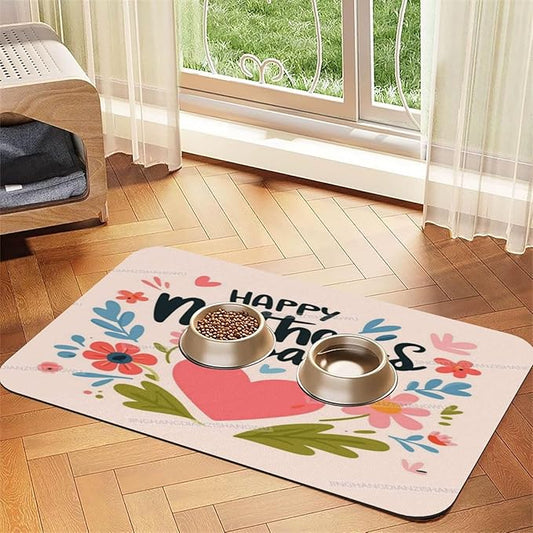 Pet Feeding Mats with Residue Collection Happy Mother's Day Floral Gift for Mom Fo Waterproof Dog Cat Bowl Mat 18X12In with Prevent Water Food Spills