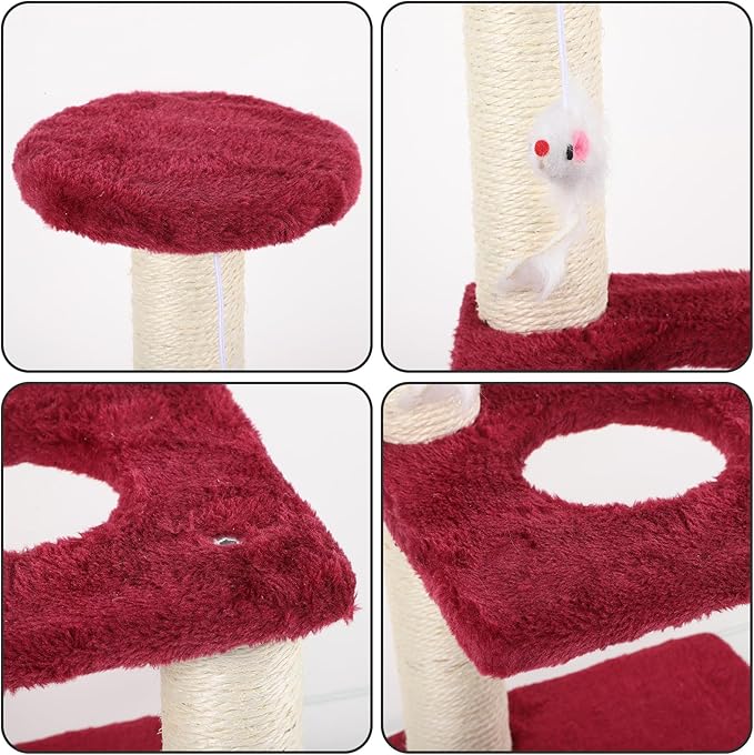 Multi-Layer Vertical Cat Scratching Post with Sisal Rope 3-Tier Burgundy Cat Climbing Tower and Mouse Sturdy Reusable Kitten Accessory and Resting Platform