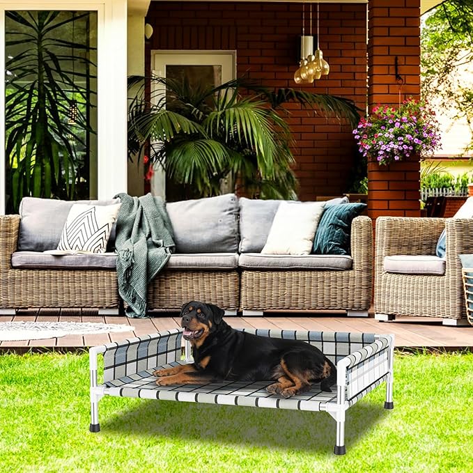 Elevated Raised Outdoor Dog Bed - Cooling Washable Dog Cot with Guardrail, Durable & Breathable Cotton Mesh Pet Hammock Beds with Stainless Steel Pipe Frame for Large Pets (34'' x 26'' x 12'')
