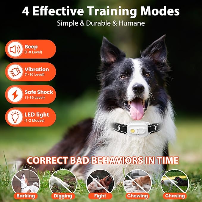 Dog Training Collar,Dog Shock Collar with Remote Control, 3300FT and 4 Training Modes Beep,Vibration,Safe Shock,LED Light,IPX7 Waterproof Rechargeable E-Collar for All Breeds (8-150 lbs)