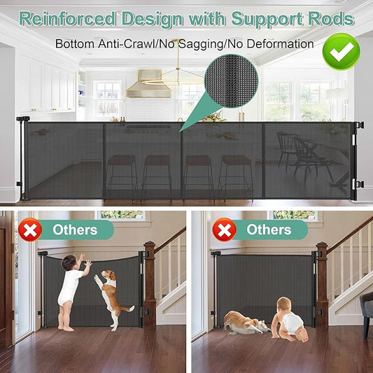 Reinforced 195 Inch Retractable Baby Gates Extra Wide Dog Gate with Support Rods – Prevent Crawling Under, 16ft Wide Retractable Fence Outdoor Retractable Gate Indoor Long Gates for Kids or Pets/Black
