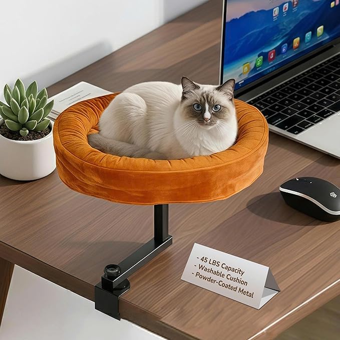 [Ready to Gift] PURRHOUSE Up to 45LBS Capacity Cat Desk Bed - 360° Rotating & Adjustable Shelf, Pet Perch for Desks with Washable Cushion, Desk Cat Bed Attachment for Various Tables (Brown)