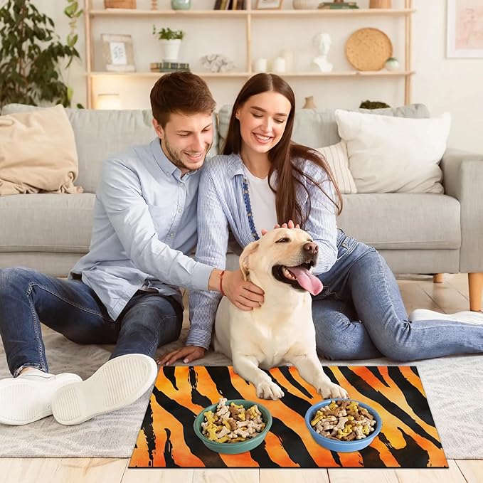 Tiger Print Dog Food Mat for Floors Absorbent Dog Bowl Mat for Food and Water Dispenser Quick Dry Cat Food Placemat Pet Supplies 17" x 30", Orange Leopard