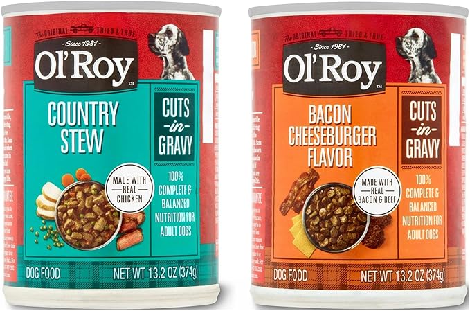 Ol's Roys Wet Dog Food Variety Pack, Bacon Cheeseburger Flavor & Country Stew Cuts in Gravy, 13.2 oz Cans, 12 Cans, Savory Beef, Chicken, Real Meat, Rich Gravy, Complete Nutrition