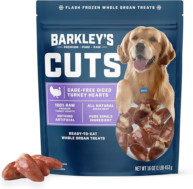 Barkley’s Cuts, Frozen Raw Diced Turkey Hearts Dog Treats, Single Ingredient, Flash Frozen, High Protein Training Treats and Food Toppers for Puppies and Dogs, Human Grade Ingredients, 16 Oz Bag