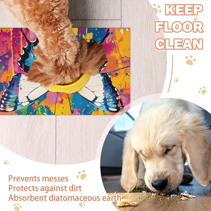 Colorful Butterfly Dog Food Mat for Floors Absorbent, Quick Dry Water Dispenser Mat for Food, Water, Pet Supplies 12" x 20", Watercolor Animals