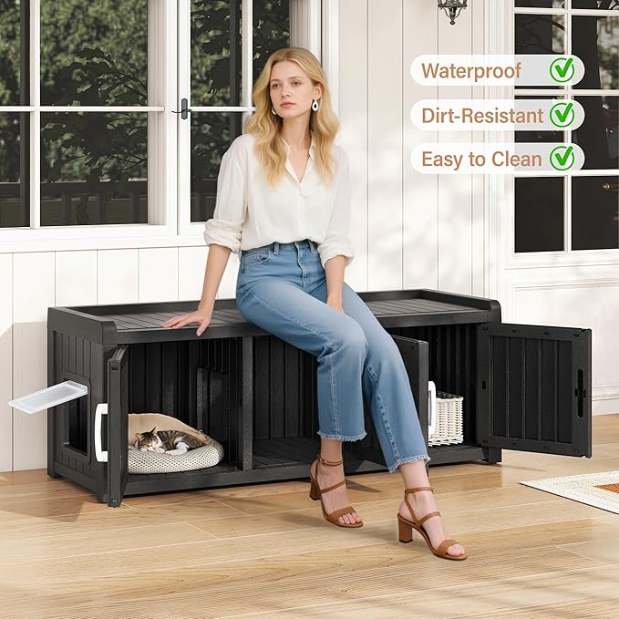 KAMABOKO Hidden Cat Litter Box Enclosure Furniture with 3 Doors & Multiple Windows, Modern Litter Box Cabinet for Large Cats, Waterproof PP Cat Furniture for Living Room