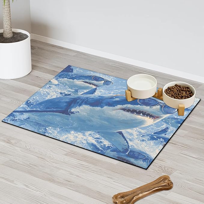 Cool Sharks Dog Food Mat for Floors Absorbent Dog Bowl Mat for Food and Water Dispenser Quick Dry Cat Food Placemat Pet Supplies 17" x 30", Coastal Nautical