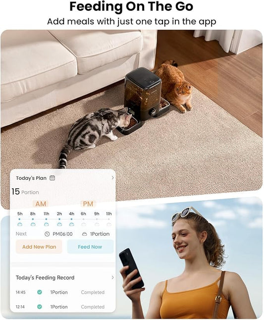 oneisall Cordless WiFi Automatic Cat Feeder for 2 Cats, Rechargeable 100-Day Battery Operated Auto Cat Feeder, 20 Cups/5L Timed Cats Food Dispenser Automatic for Large Kibble, Smart App Control
