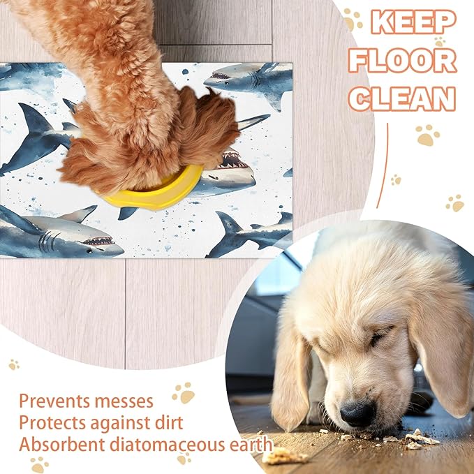 Nautical Sharks Dog Food Mat for Floors Absorbent Dog Bowl Mat for Food and Water Dispenser Quick Dry Cat Food Placemat Pet Supplies 24" x 32", Ocean Sea