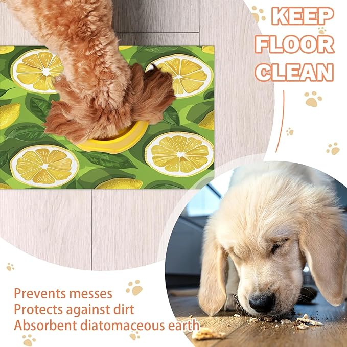 Lemon Slices Dog Food Mat for Floors Absorbent Dog Bowl Mat for Food and Water Dispenser Quick Dry Cat Food Placemat Pet Supplies 12" x 20", Summer Fruit