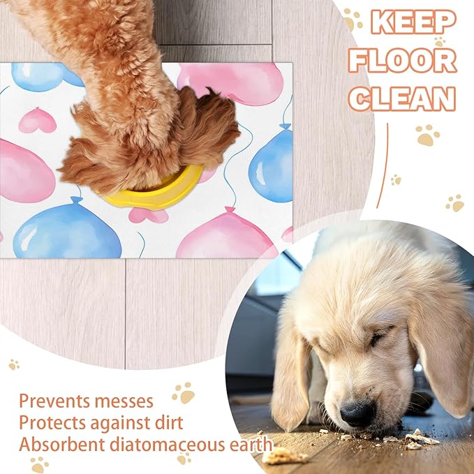 Valentine’s Day Dog Food Mat for Floors Absorbent, Quick Dry Water Dispenser Mat for Food, Water, Pet Supplies 12" x 20", Love Heart Balloons