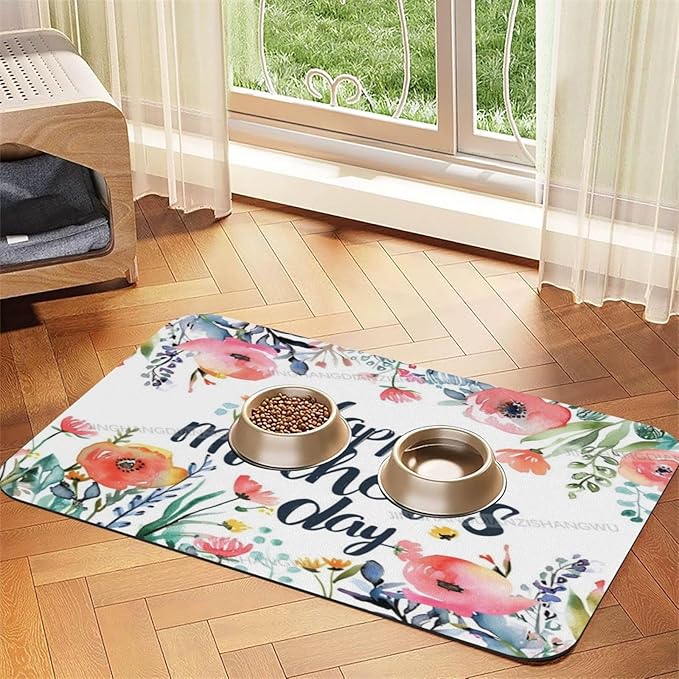 Dog Food Mats for Floors Absorbent Pet Cat Food Mat Happy Mother's Day Floral Gift Mom Ee Non Slip Dogs Bowl Mats for Water Dog Placemats Feeding Mat Pet Supplies 24x16In
