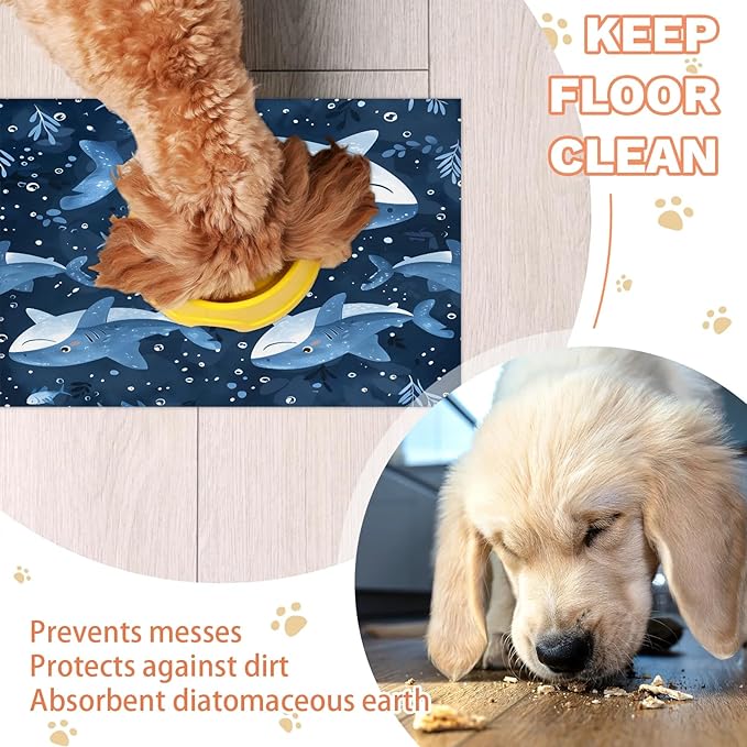 Shark Dog Food Mat for Floors Absorbent Dog Bowl Mat for Food and Water Dispenser Quick Dry Cat Food Placemat Pet Supplies 12" x 20", Ocean Sea