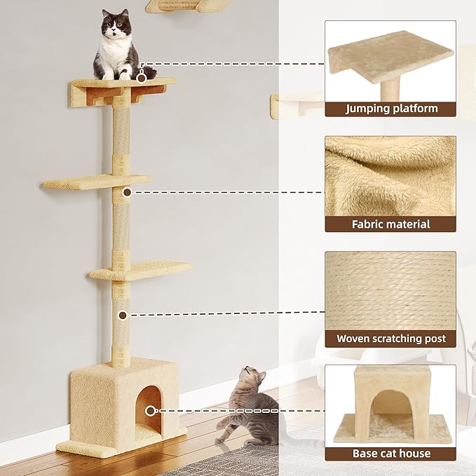 26-in-1 Cat Wall Shelves, Wall Mounted Pet Furniture w/Plush Fabric, Cat Climbing Wall System, 63'' Cats Tower w/Scratching Posts, Cats Shelf with 40''L Tunnel, Condos, House, Step and Ladder