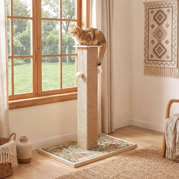 Tall Cat Scratching Post, 33" Boho Carpet Cat Scratcher with Perch for Indoor Cats, Large Base Sisal Scratch Post for Adults & Kittens with Dangling Ball Toy