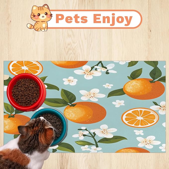 Orange Fruit Dog Food Mat for Floors Absorbent Dog Bowl Mat for Food and Water Dispenser Quick Dry Cat Food Placemat Pet Supplies 24" x 32", Citrus Green Leaves