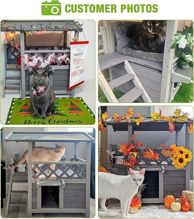Cat House Outdoor Weatherproof – 100% Solid Fir with Waterproof Paint, Two-Level Design, All-Weather Protection & Elevated Base – Kitty Shelter for Feral Cats, Indoor/Outdoor Use