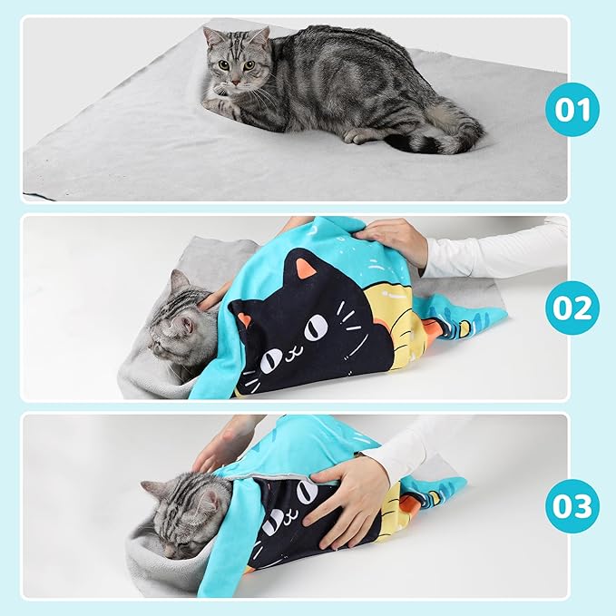 Cat Grooming Wrap35.4"*35.4", Self-Adherent Anti-Scratch Swaddle Restraint, Nail Clipping, Anti-Bite, Anti-Scratch, Anti-Escape Calming Wrap Multifunctional Care Pet Tools XL