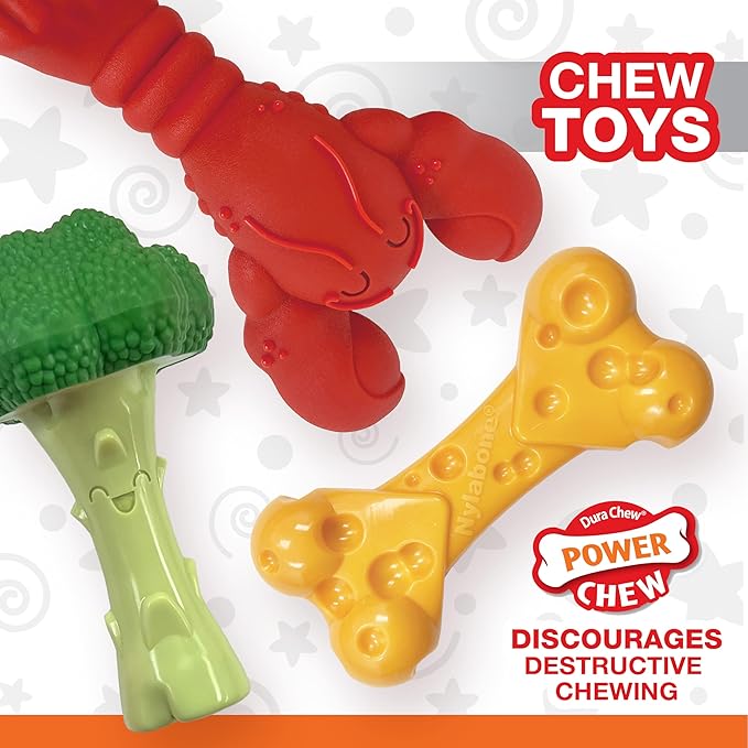 Nylabone Power Chew Toy Bundle, Cute Dog Toys for Aggressive Chewers, Filet Mignon, Cheese, and Bacon Flavors, Large Dogs - Up to 50 lbs, 3 Pack