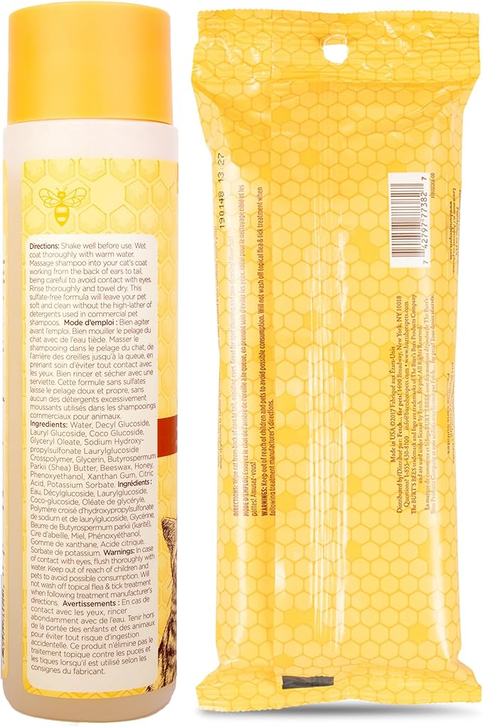 Burt's Bees Hypoallergenic Cat Shampoo and Dander Reducing Grooming Wipes - Cat Grooming Supplies, Cat Shampoo, Cat Wipes