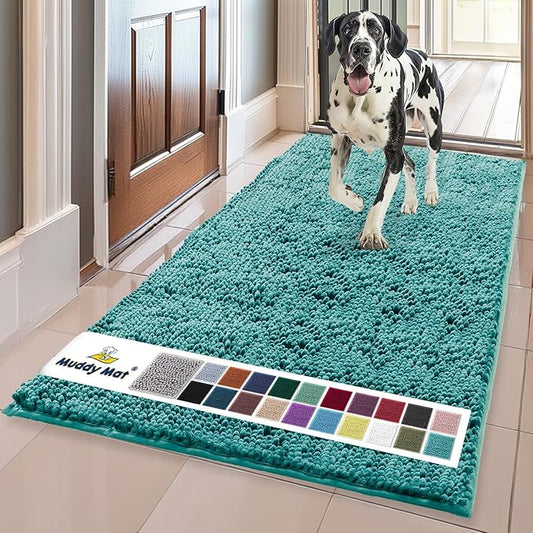 Muddy Mat® | Super Absorbent Door Mat Indoor, Microfiber Quick Dry Chenille Entryway Rug, Non-Slip Front Door Mat, Indoor Mats for Entryway, Machine Washable Pet Rug, Teal 24"x60"