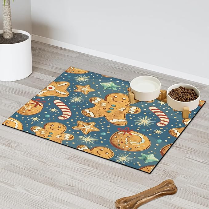 Christmas Gingerbread Dog Food Mat for Floors Absorbent, Quick Dry Water Dispenser Mat for Food, Water, Pet Supplies 24" x 32", Xmas Snowflake