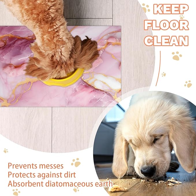 Pink Marble Dog Food Mat for Floors Absorbent, Quick Dry Water Dispenser Mat for Food, Water, Pet Supplies 17" x 30", Gold Marble