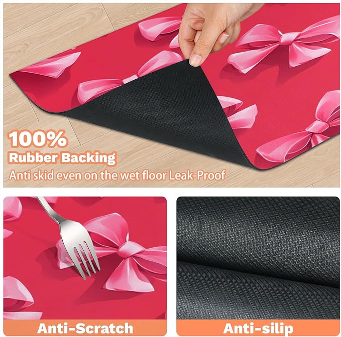 Pink Christmas Bow Dog Food Mat for Floors Absorbent, Quick Dry Water Dispenser Mat for Food, Water, Pet Supplies 12" x 20",
