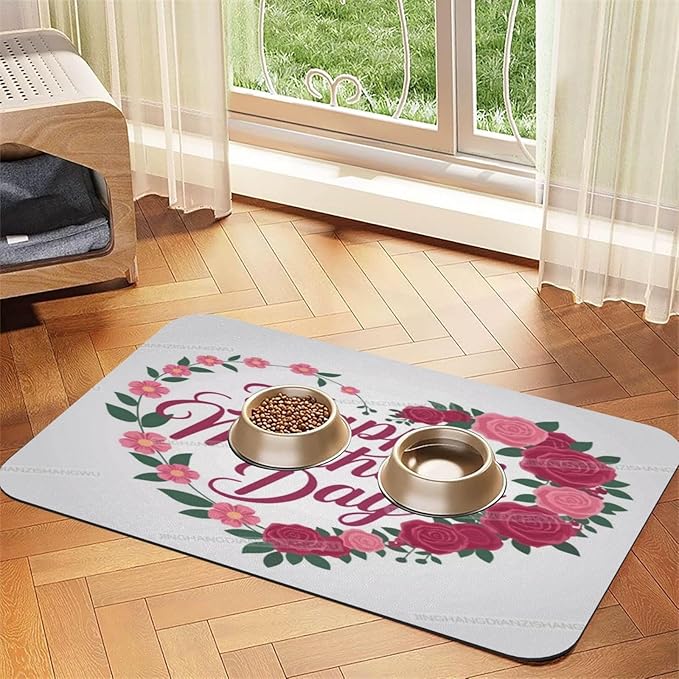 Dog Food Mat Happy Mother's Day Floral Gift for Mom Rose Absorbent Water Bowl Mats Cat Pet Feeding Placemats 24x16In
