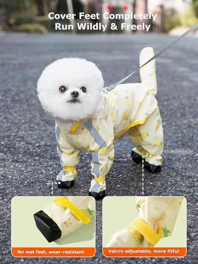 Waterproof Dog Raincoat,Full Coverage 4 Legs Dog Rain Jacket for Small Dogs,Pet Rain Coat with Hood,Reflective Strips&Leash Hole Outdoor Raincoat (X-Large（for Weight 11.1-14.6 lb）, Pineapple)